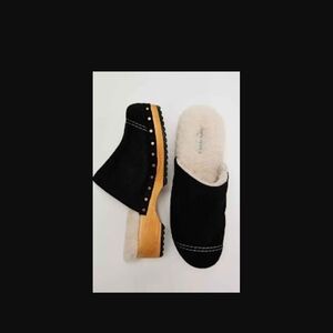 Free People Oak Cozy Clog Black Suede Mules with Wooden Sole